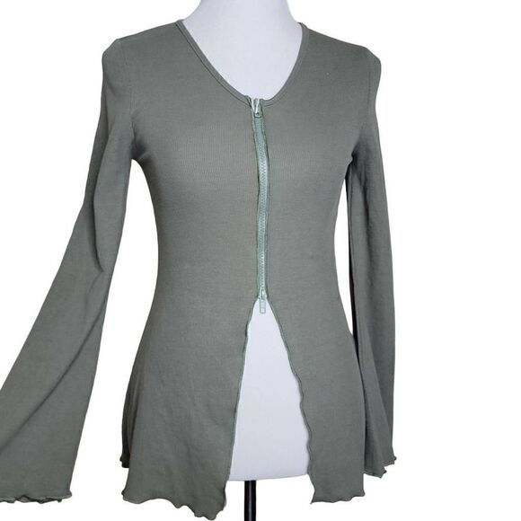 Solid V Neck Long Sleeve Zipper Split Front Knit Top Green Medium - Picture 1 of 12